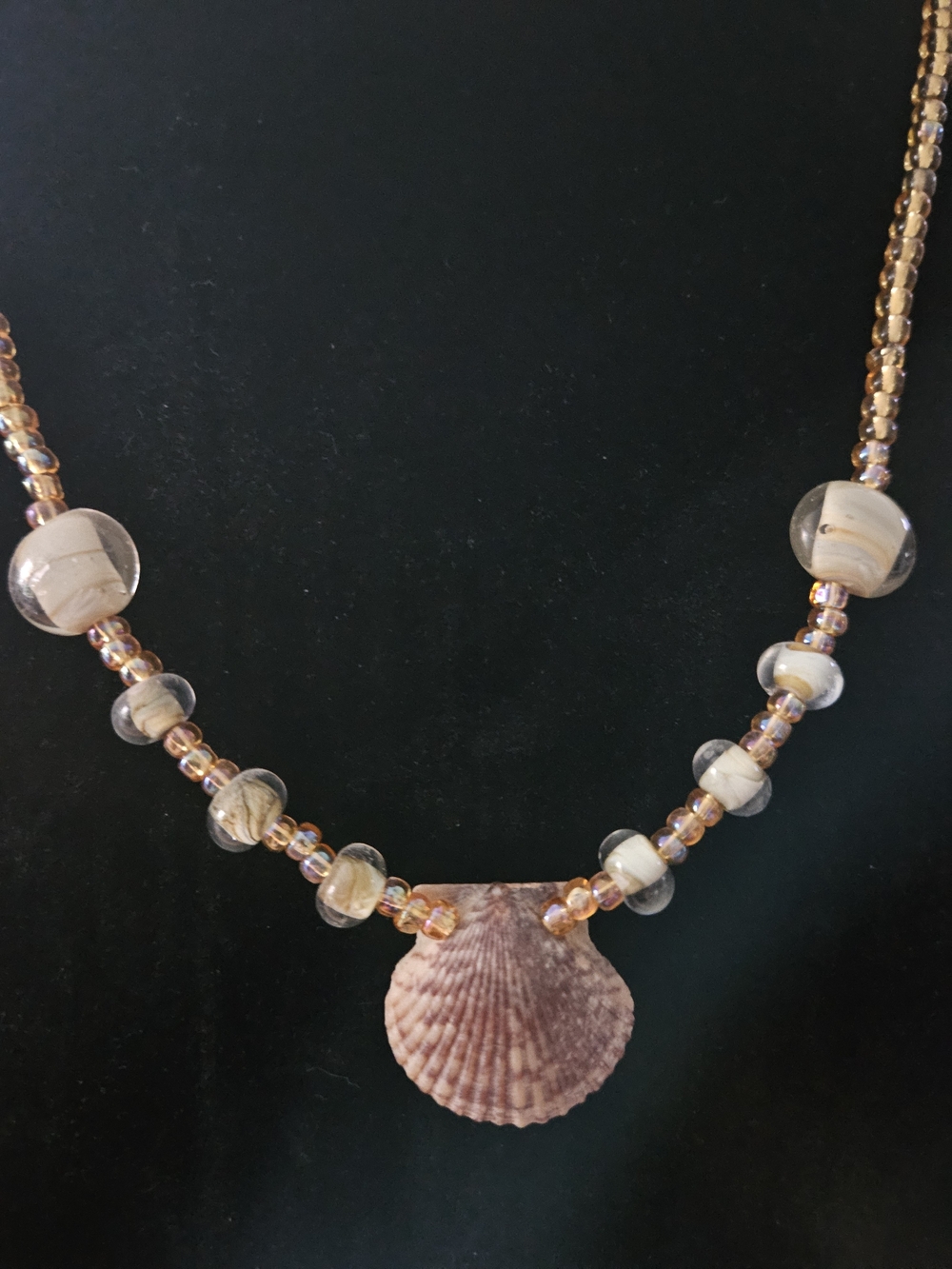 Seashell Pendant Necklace in Seafoam Green and Sand Color 18"